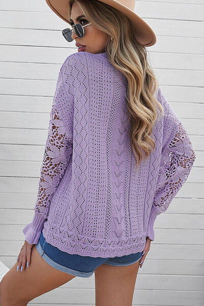 Openwork Lantern Sleeve Dropped Shoulder Sweater Trendsi