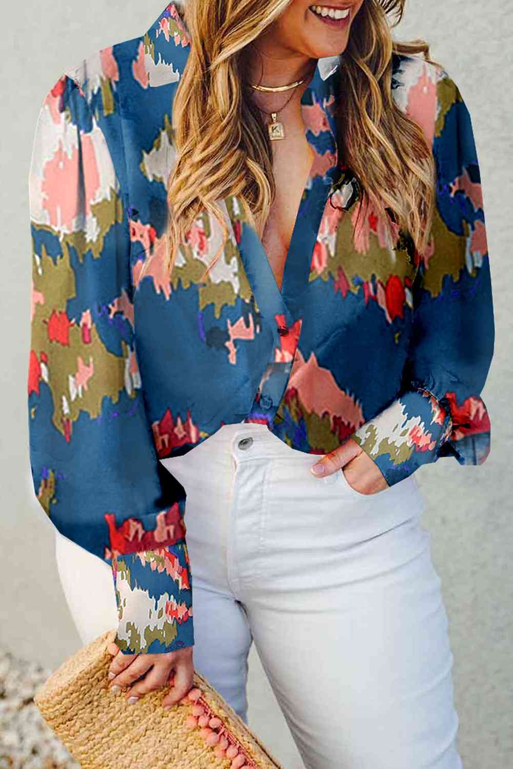 Plus Size Printed Collared Neck Long Sleeve Shirt BLUE ZONE PLANET
