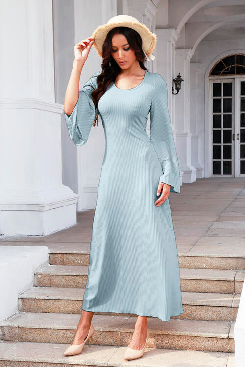 Tie Back Ribbed Round Neck Long Sleeve Dress BLUE ZONE PLANET