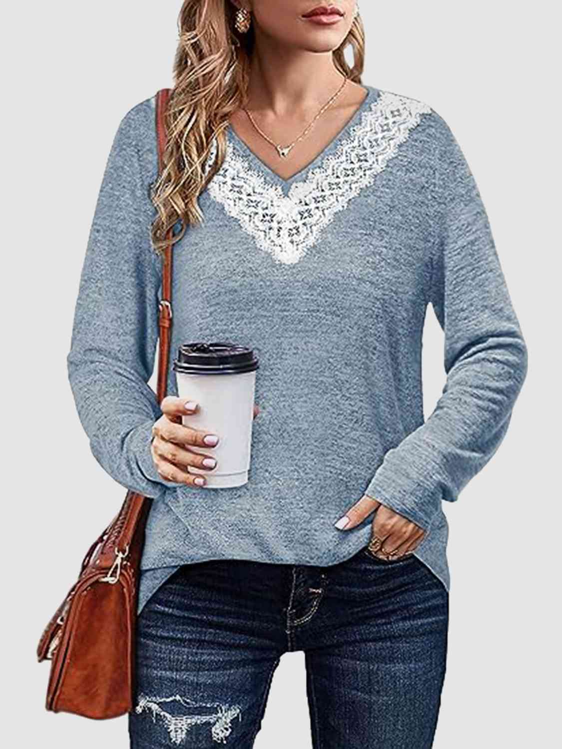 Lace Detail V-Neck Long Sleeve Top BLUE ZONE PLANET