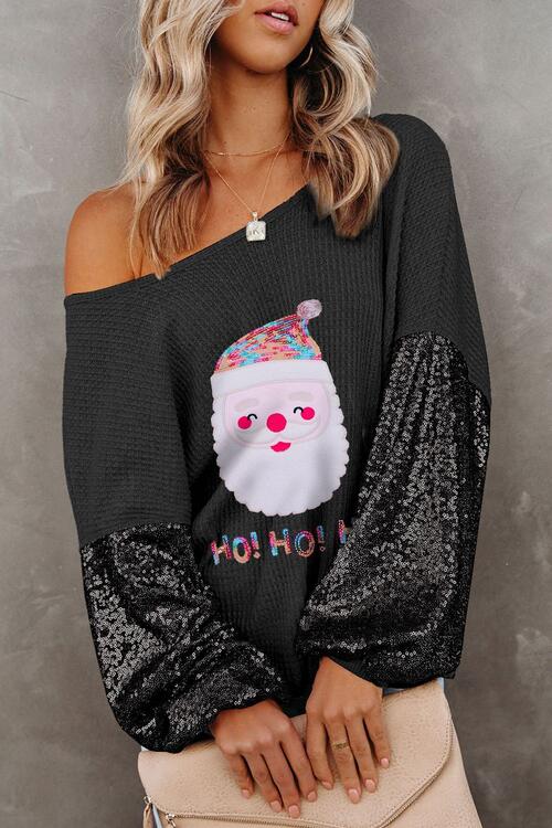 Waffle-Knit Santa Graphic Sequin Long Sleeve Blouse BLUE ZONE PLANET