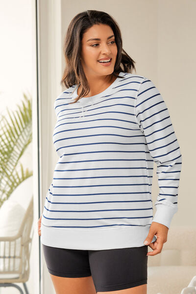 Plus Size Striped Round Neck Long Sleeve T-Shirt BLUE ZONE PLANET