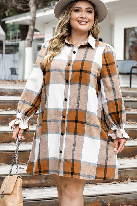 Plus Size Plaid Button Up Shirt Dress BLUE ZONE PLANET