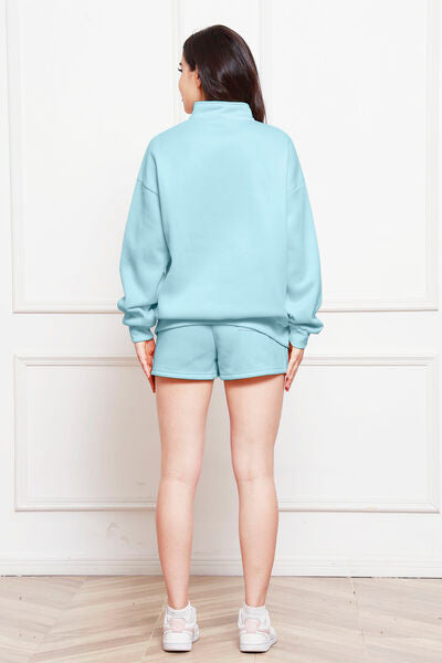 Blue Zone Planet |  Half Zip Long Sleeve Sweatshirt and Drawstring Shorts Set BLUE ZONE PLANET