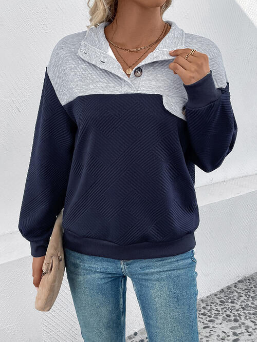 Textured Contrast Half Button Sweatshirt BLUE ZONE PLANET