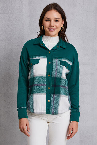 Plaid Snap Down Pocketed Dropped Shoulder Jacket-TOPS / DRESSES-[Adult]-[Female]-Green-S-2022 Online Blue Zone Planet