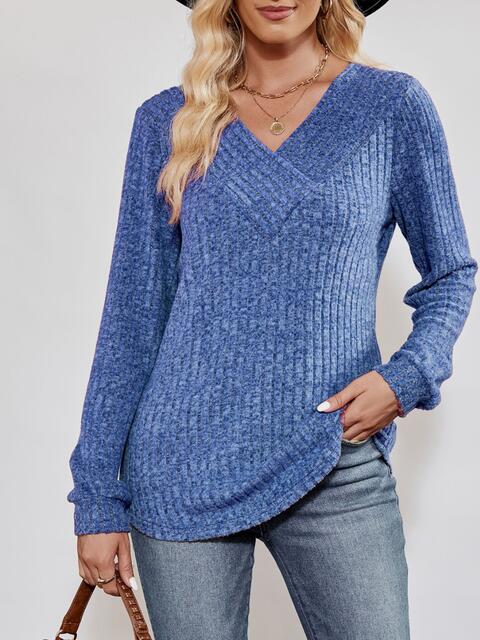 V-Neck Ribbed Long Sleeve Top BLUE ZONE PLANET