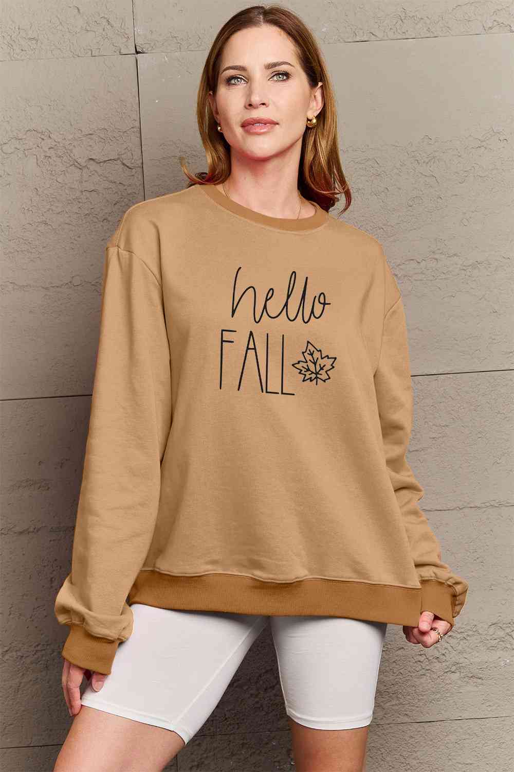 Simply Love Full Size HELLO FALL Graphic Sweatshirt BLUE ZONE PLANET