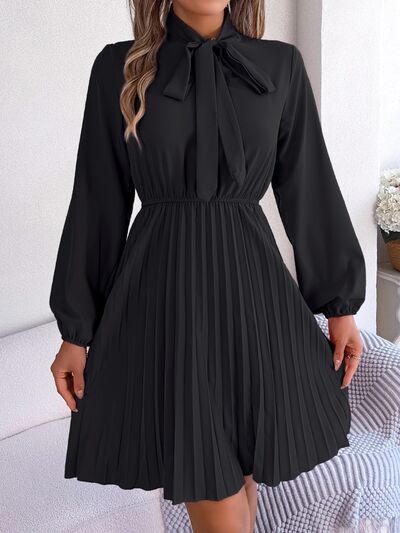 Tie Neck Balloon Sleeve Pleated Dress-TOPS / DRESSES-[Adult]-[Female]-Black-S-2022 Online Blue Zone Planet