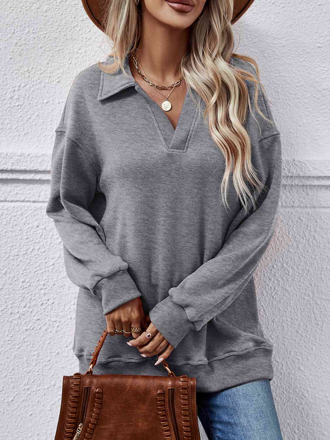 Collared Neck Dropped Shoulder Sweatshirt BLUE ZONE PLANET