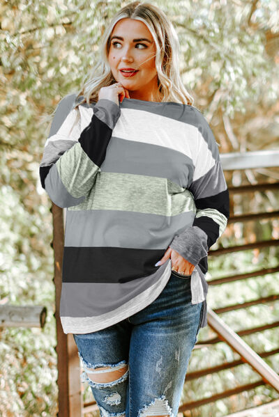 Plus Size Striped Slit Long Sleeve T-Shirt BLUE ZONE PLANET