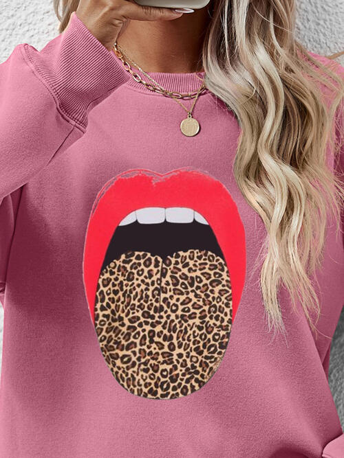 Leopard Lip Graphic Round Neck Sweatshirt BLUE ZONE PLANET