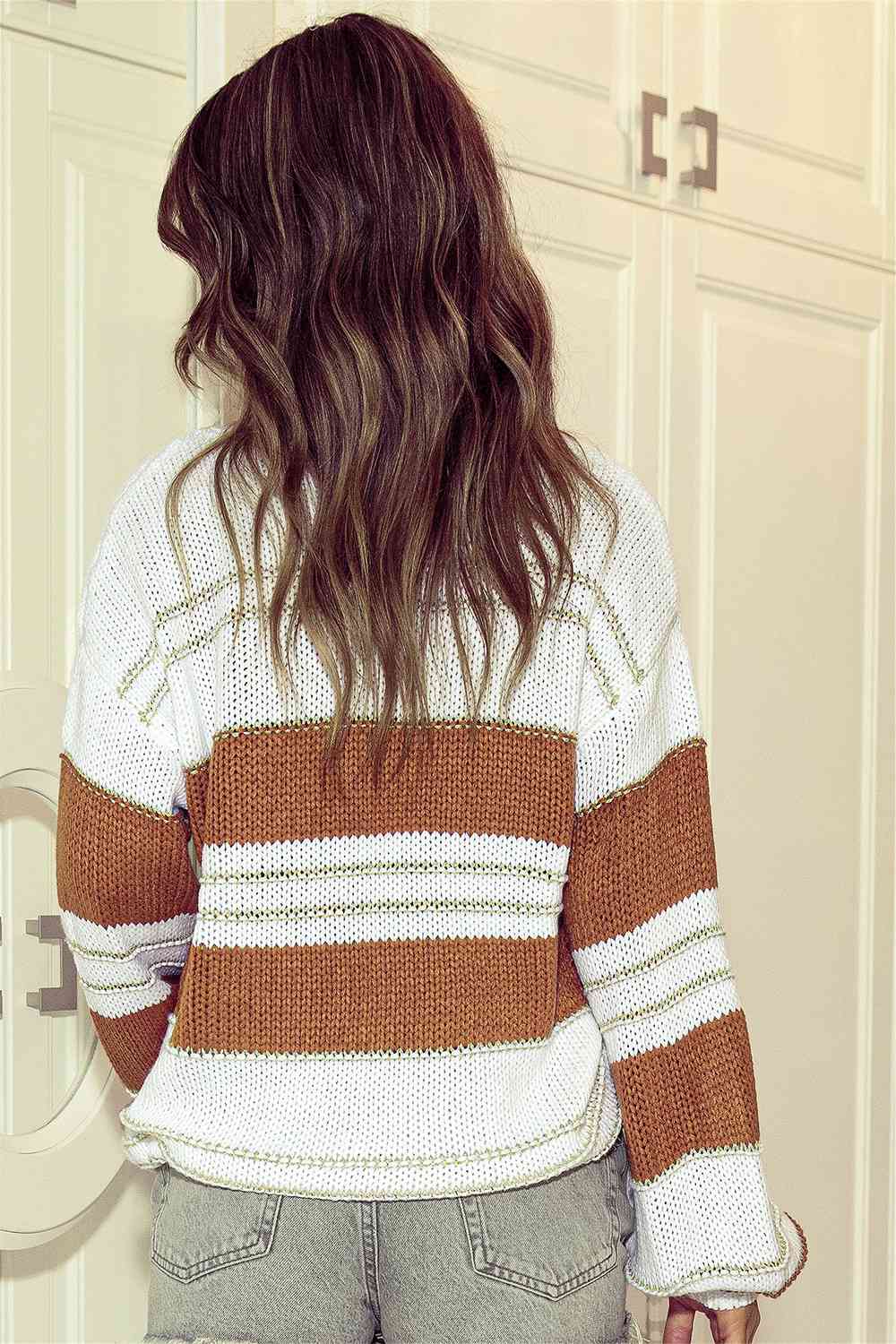 Striped Drop Shoulder Lantern Sleeve Sweater BLUE ZONE PLANET