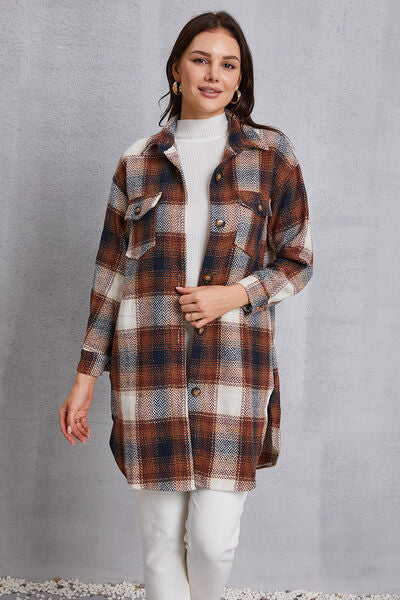Plaid Button Up Dropped Shoulder Coat with Pockets-TOPS / DRESSES-[Adult]-[Female]-Coffee Brown-S-2022 Online Blue Zone Planet