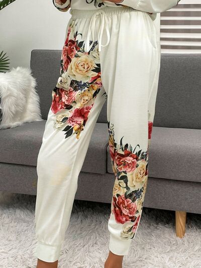 Printed Round Neck Top and Drawstring Pants Lounge Set Trendsi