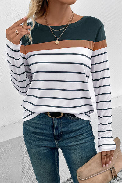 Blue Zone Planet |  Striped Round Neck Long Sleeve T-Shirt BLUE ZONE PLANET