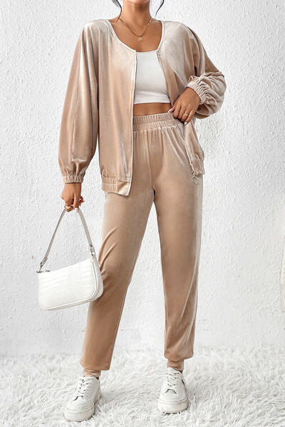 Zip Up Top and Pants Set Trendsi