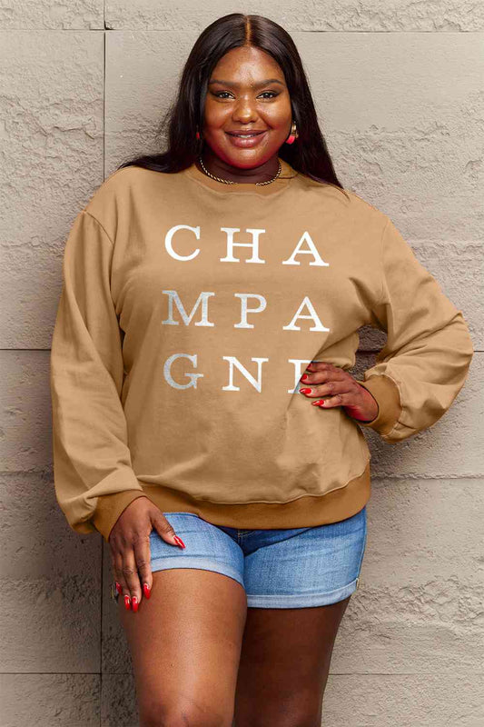 Simply Love Full Size CHAMPAGNE Graphic Long Sleeve Sweatshirt BLUE ZONE PLANET