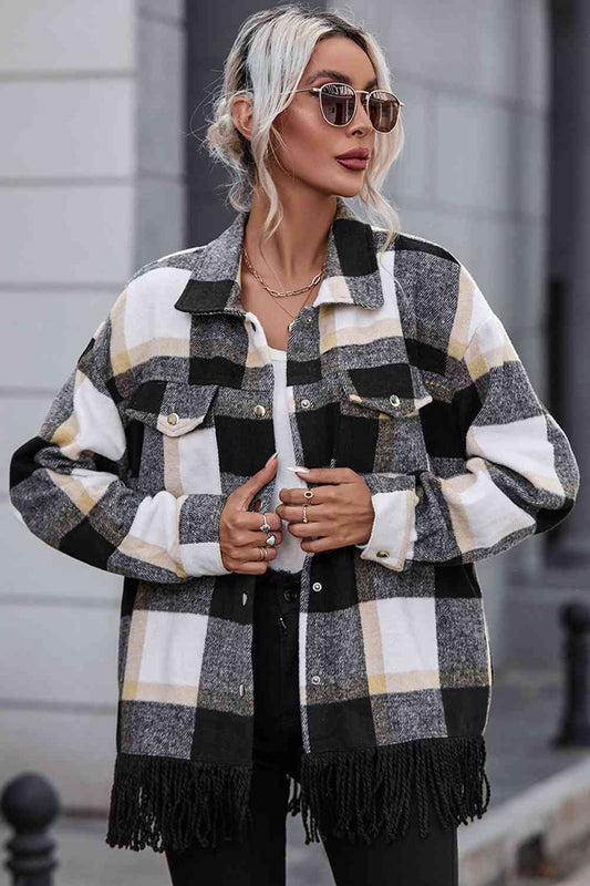 Plaid Collared Neck Snap Front Jacket BLUE ZONE PLANET