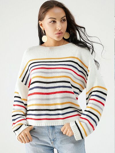 Blue Zone Planet |  Striped Round Neck Dropped Shoulder Sweater BLUE ZONE PLANET