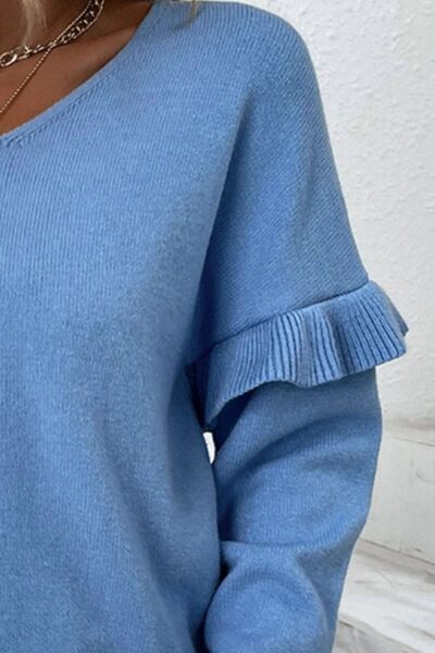 V-Neck Ruffle Trim Long Sleeve Sweater Trendsi