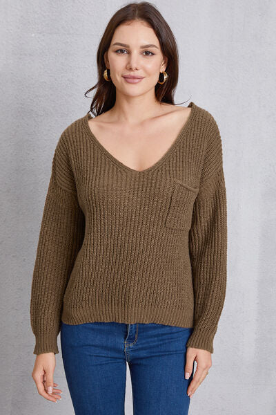 V-Neck Pocketed Dropped Shoulder Knit Top-TOPS / DRESSES-[Adult]-[Female]-Chestnut-S-2022 Online Blue Zone Planet