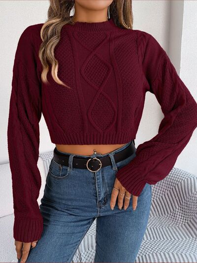 Cable-Knit Round Neck Cropped Sweater BLUE ZONE PLANET