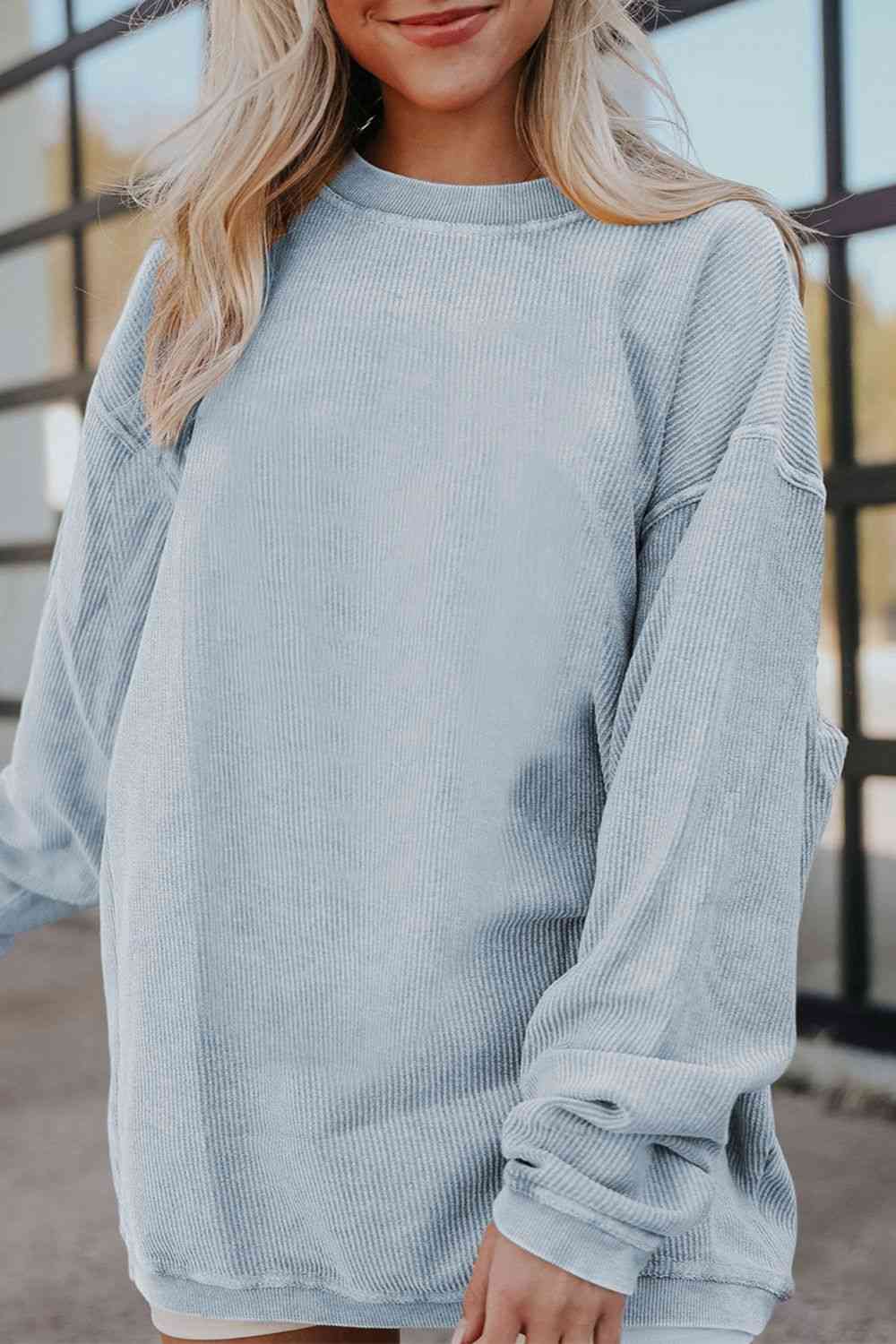 Ribbed Round Neck Drop Shoulder Sweatshirt BLUE ZONE PLANET