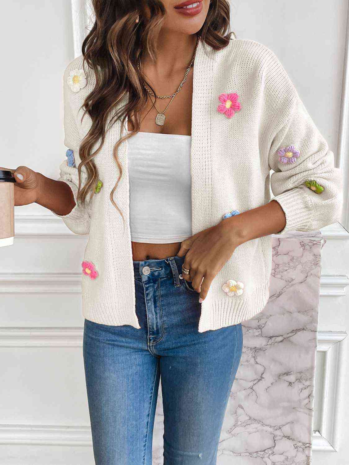 Floral Long Sleeve Open Front Cardigan BLUE ZONE PLANET