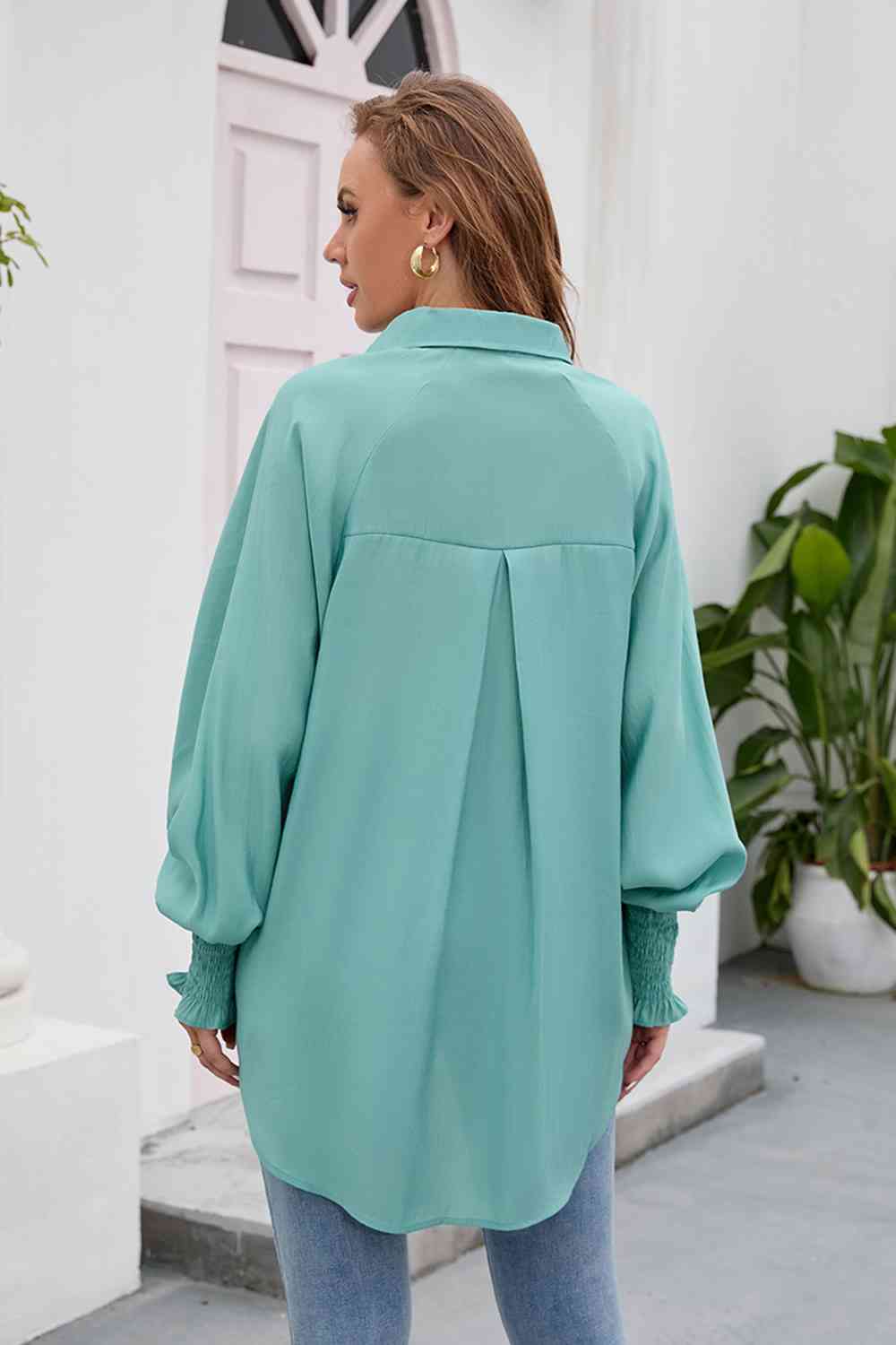 High-Low Collared Neck Lantern Sleeve Shirt BLUE ZONE PLANET