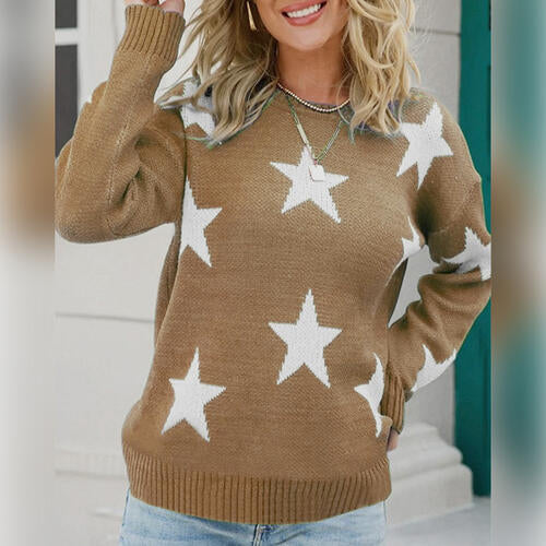 Star Pattern Round Neck Sweater BLUE ZONE PLANET