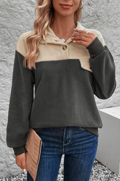 Color Block Quarter Button Dropped Shoulder Sweatshirt-TOPS / DRESSES-[Adult]-[Female]-Charcoal-S-2022 Online Blue Zone Planet