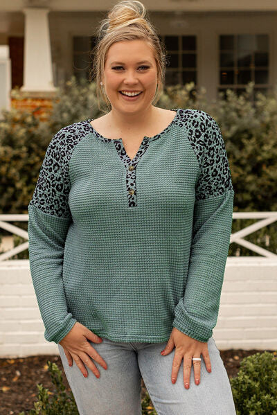 Blue Zone Planet |  Plus Size Leopard Waffle-Knit Long Sleeve T-Shirt BLUE ZONE PLANET