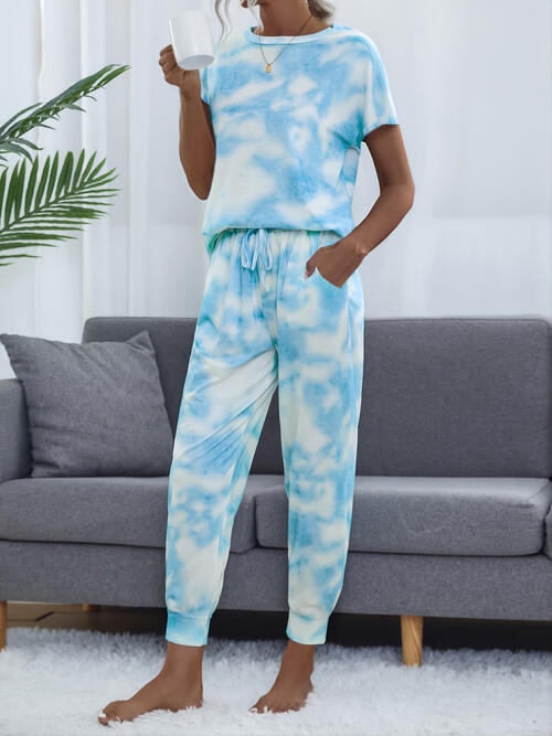 Tie-Dye Short Sleeve Top and Drawstring Pants Set BLUE ZONE PLANET