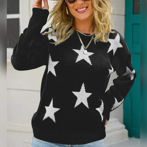 Star Pattern Round Neck Sweater BLUE ZONE PLANET