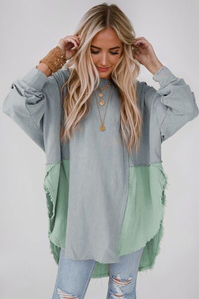 Contrast Texture Round Neck Long Sleeve Blouse BLUE ZONE PLANET