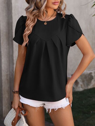 Ruched Round Neck Petal Sleeve Blouse Trendsi