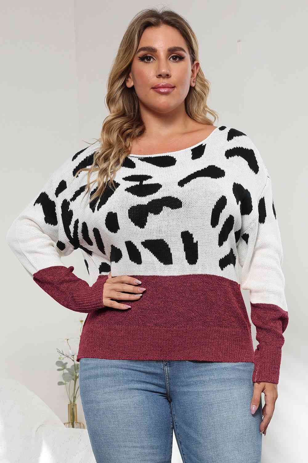 Plus Size Leopard Round Neck Long Sleeve Sweater BLUE ZONE PLANET