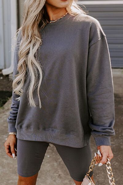 Round Neck Drop Shoulder Sweatshirt and Shorts Set Trendsi