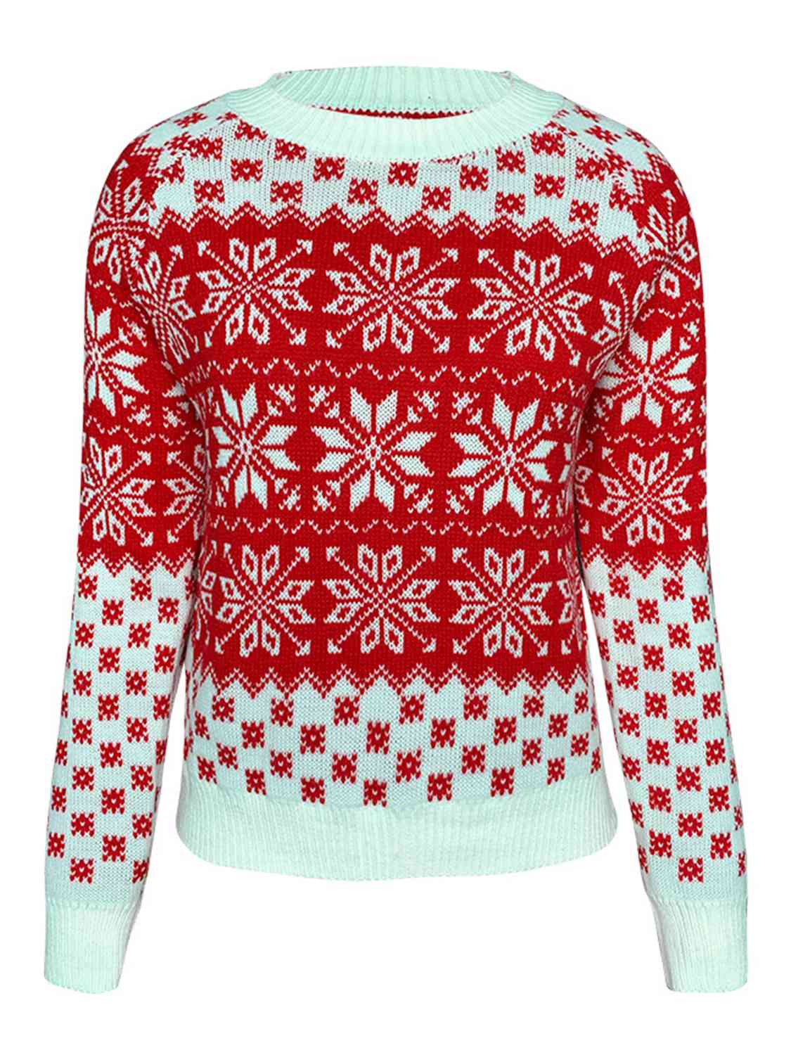 Snowflake Round Neck Long Sleeve Sweater BLUE ZONE PLANET