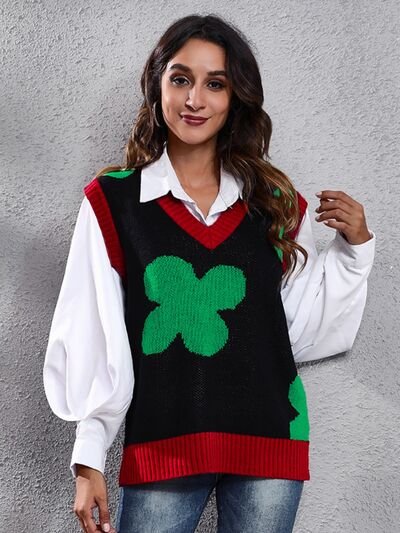 Four Leaf Clover V-Neck Sweater Vest BLUE ZONE PLANET