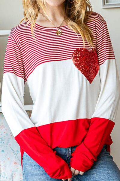 Striped Heart Sequin Long Sleeve T-Shirt-TOPS / DRESSES-[Adult]-[Female]-2022 Online Blue Zone Planet