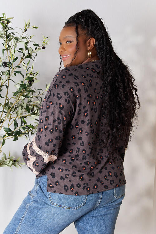 Jade By Jane Full Size Leopard Lace Detail Blouse BLUE ZONE PLANET