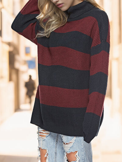 Striped Turtleneck Long Sleeve Sweater BLUE ZONE PLANET