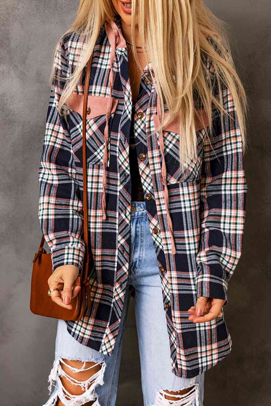 Plaid Drawstring Hooded Jacket with Pockets BLUE ZONE PLANET