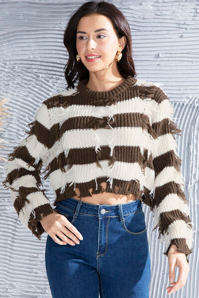 Striped Fringe Round Neck Sweater-TOPS / DRESSES-[Adult]-[Female]-Chestnut-S-2022 Online Blue Zone Planet