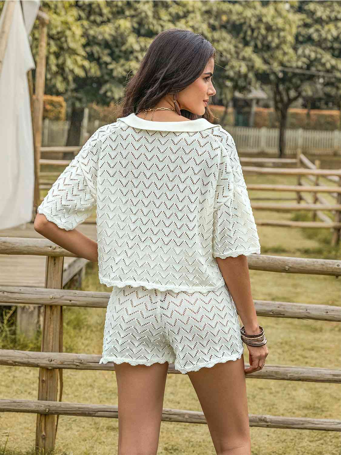 Eyelet Collared Neck Short Sleeve Top and Shorts Set BLUE ZONE PLANET