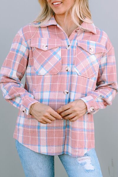 Plaid Pocketed Collared Neck Button Up Jacket BLUE ZONE PLANET
