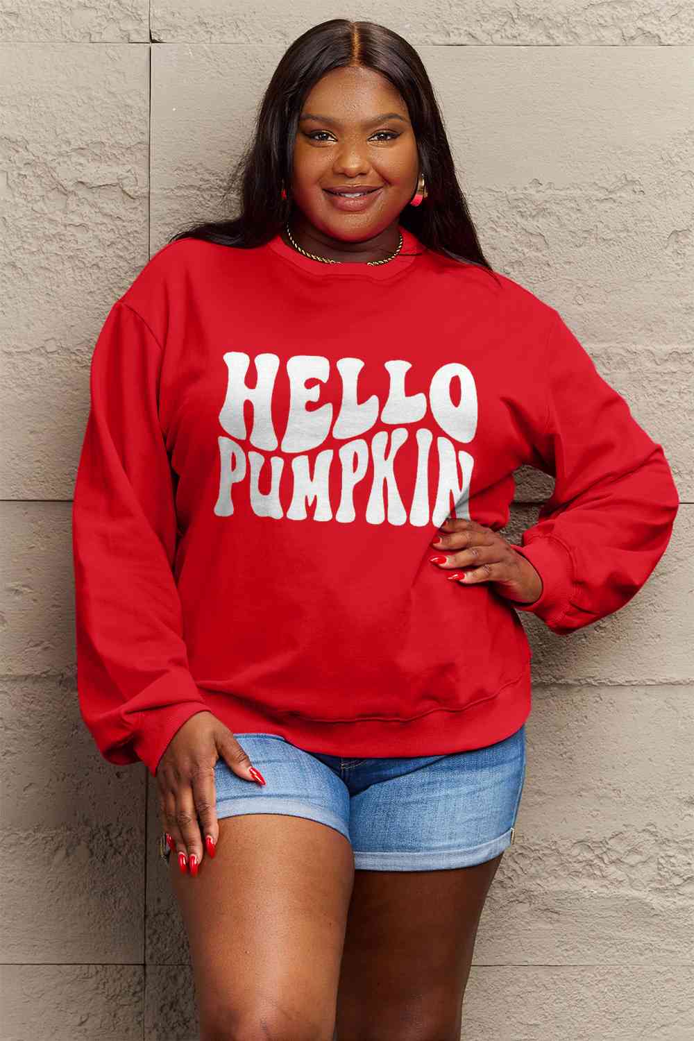 Simply Love Full Size HELLO PUMPKIN Graphic Sweatshirt BLUE ZONE PLANET