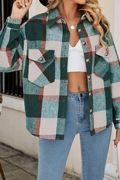 Plaid Button Up Dropped Shoulder Jacket-TOPS / DRESSES-[Adult]-[Female]-Mid Green-S-2022 Online Blue Zone Planet